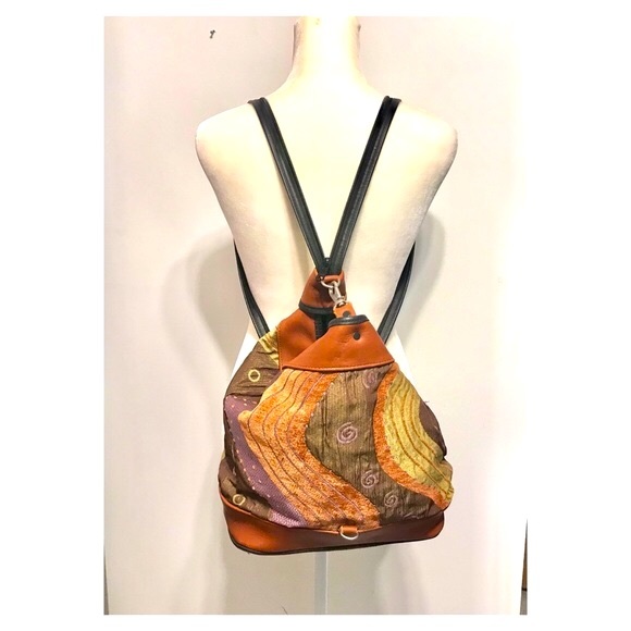 Handbags - Women's shoulder backpack in tan brown jacquard, leather trim , suede interior.